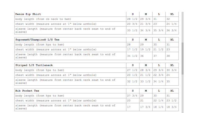 Supreme Sizing Chart